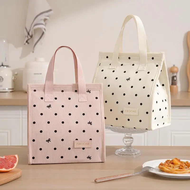 Reusable Portable Insulated Lunch Bag Top Handle Minimalist Style Lunch Tote Bag Polka Dot Thermal Lunch Box