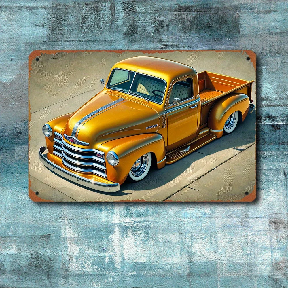 Vintage Golden Pickup Truck Metal Sign – Waterproof Retro Wall Art for Garage, Patio, Home, Bar,Cafe Classic Orange Car Decor