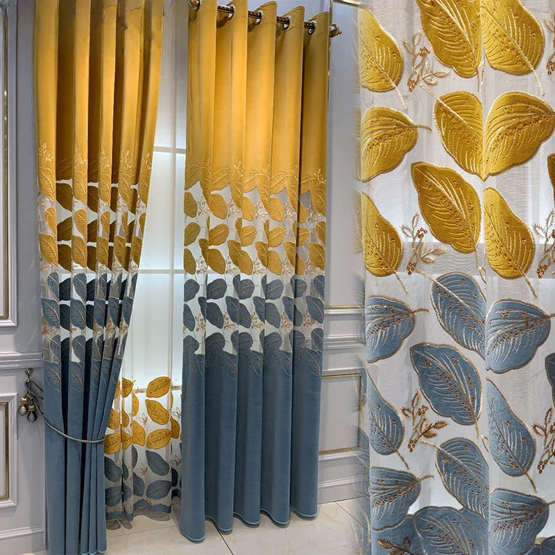 Hollow-out Golden Blue Leaf Semi-Blackout Curtains for Living room Coffee Exquisite Embroidered Leaves Bedroom Drapes MY211#30