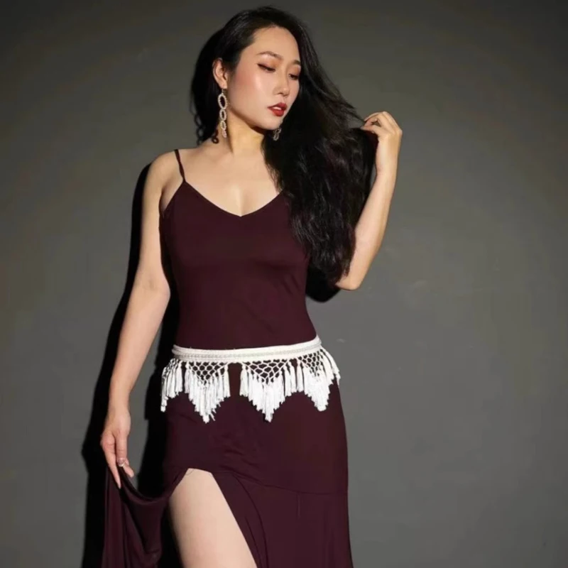 

2025 Belly dance tassel net waist chain hip scarf belt pearl decoration women's dance costume