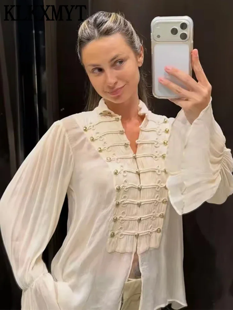 Women's Fashion Rope Knot Buckle Shirt Flare Sleeve Translucent Shirts Romantic Style Elegant Blouse Top