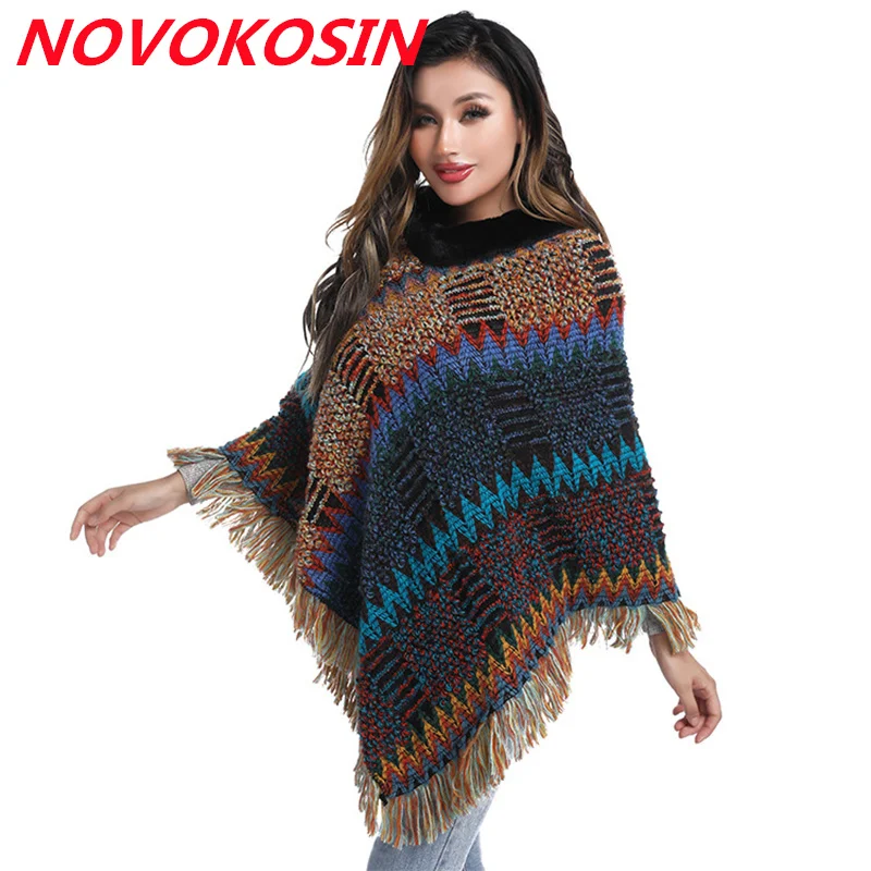 

Autumn Faux Fur High Neck Triangle Loose Sweater With Tassels Knitted Poncho Batwing Sleeves Colors Pullovers Streetwear