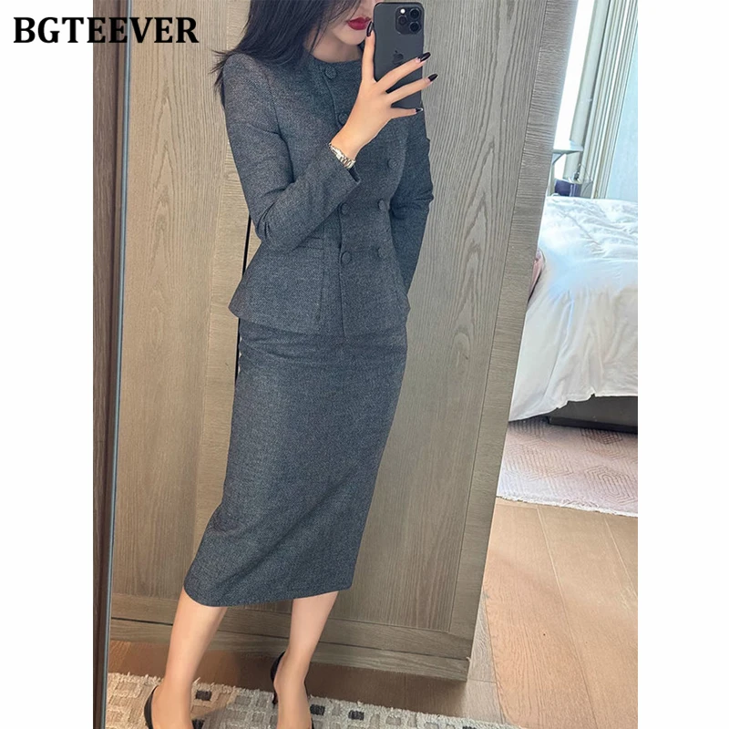 BGTEEVER シックなヴィンテージ秋冬レディーススカートスーツ ダブルブレストスリムウエストブレザー＆パッケージヒップスカート レディースブレザーセット