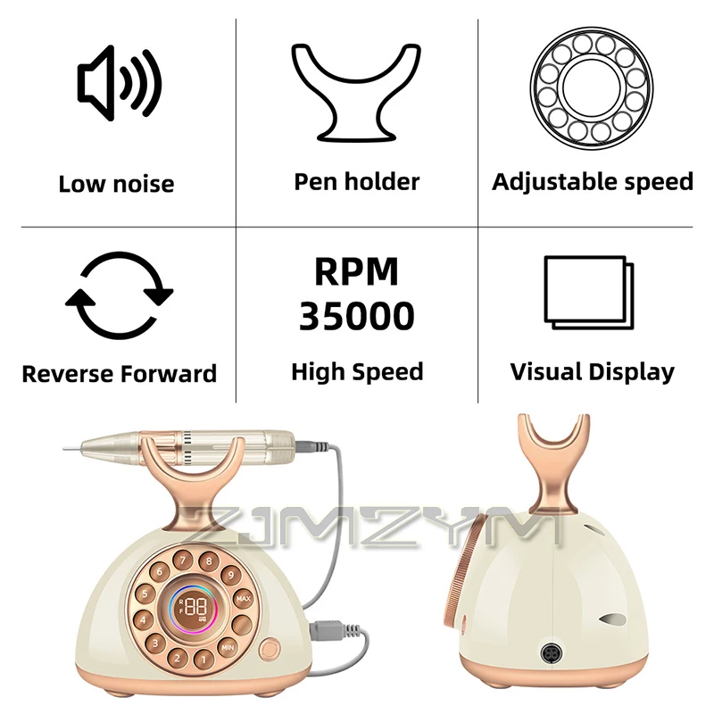 Taladro de uñas Retro de 35000 RPM, pulidor eléctrico de velocidad ajustable, máquina de manicura de alta potencia, equipos profesionales para uñas