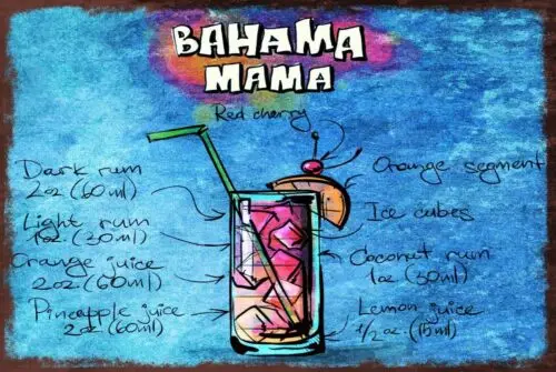 Bahama Mama Cocktail Recipe Menu Vintage Style Retro Metal Sign, bar pub mancave sign