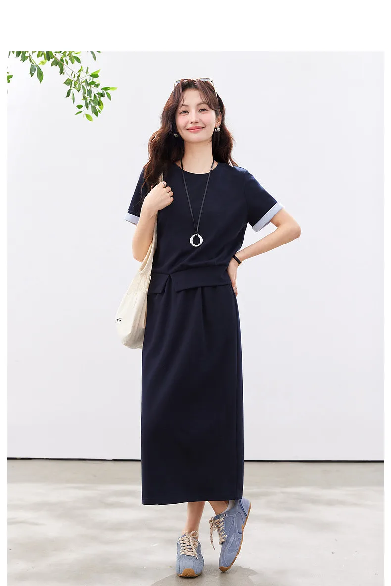 VIMLY Navy Casual Office Women's Suit 2026 Summer Contrast Folded Cuff Short Sleeve Tee Elastic Waist Straight Skirt Sets A6390