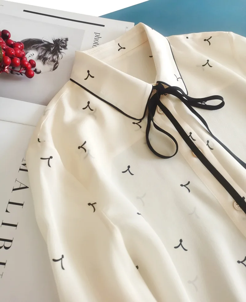 Birdtree 100%Real Silk Women Lace-up Shirt Bow Collar Vintage Print Long Sleeve Commute Blouse Office Lady 2024 Spring T41115QM