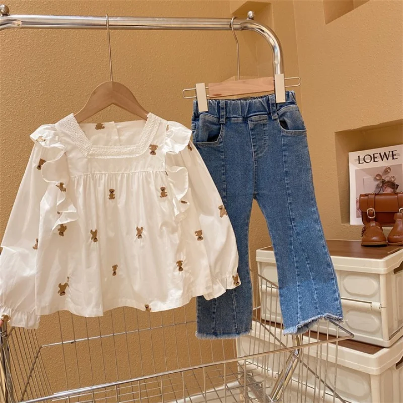 

Girls' Shirt Set New Children's Square Neck Lace Embroidered Bear Shirt Kids' Fashion
