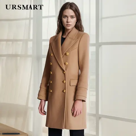 Abrigo de lana para mujer Camel doble botonadura mezcla de cachemira Slim Fit calidez de invierno