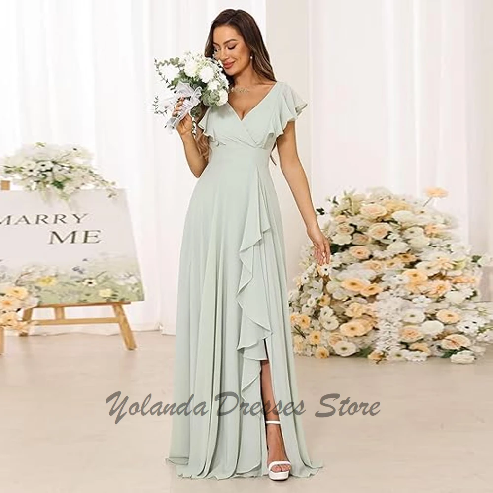 

Modern V Neck Bridesmaid Dresses With Pocket Ruffles Sleeveless Chiffon Formal Dresses A Line Slit Floor Length Eveing Dresses