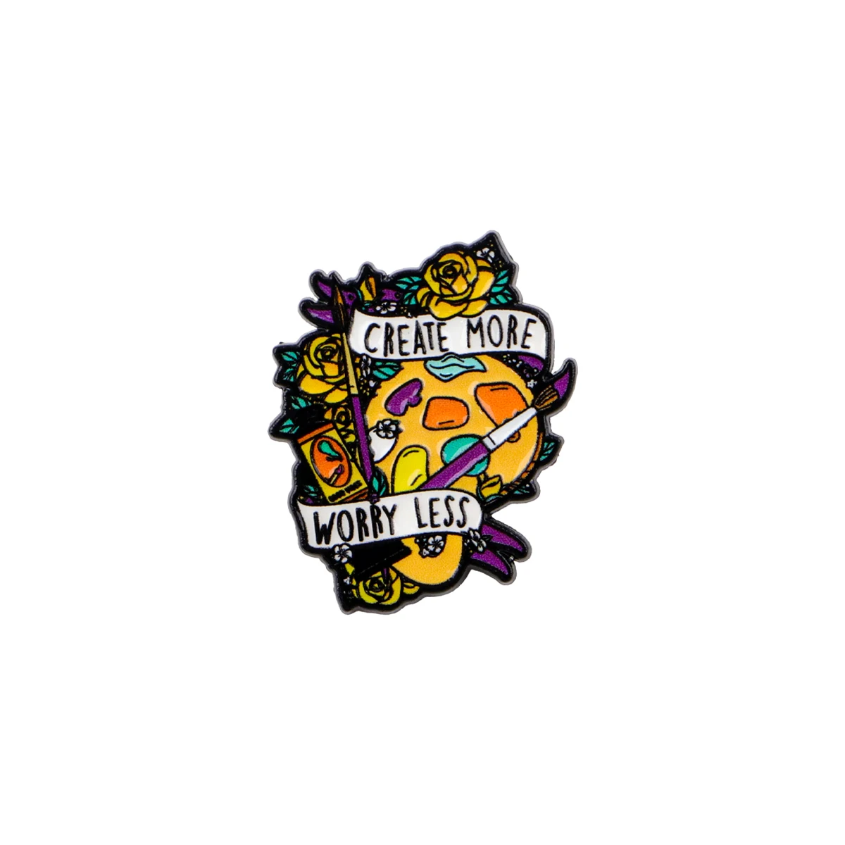 Create more,worry less Enamel Pin Lapel Pins Artist Quote Cartoon Badges on Backpack Brooch for Clothes Jewelry Gifts for Friend