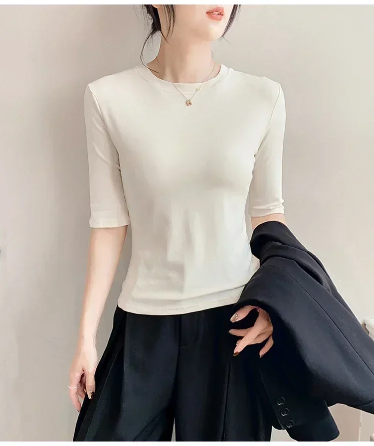2026 Basic Einfarbiges Kurzarm-T-Shirt mit Rundhalsausschnitt, Eng Anliegend, Sommerliches Casual-Oberteil für Damen, Y2K Vintage Top, Harajuku Streetwear – Detail 12