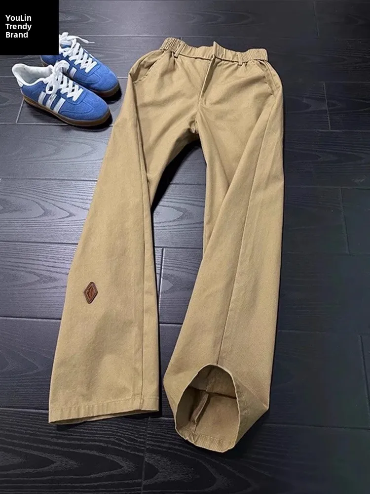 

Мужские рабочие брюки цвета хаки, осенние, в американском винтажном стиле, прямые, слегка расклешенные, длинные, с высокой талией, широкие штанины