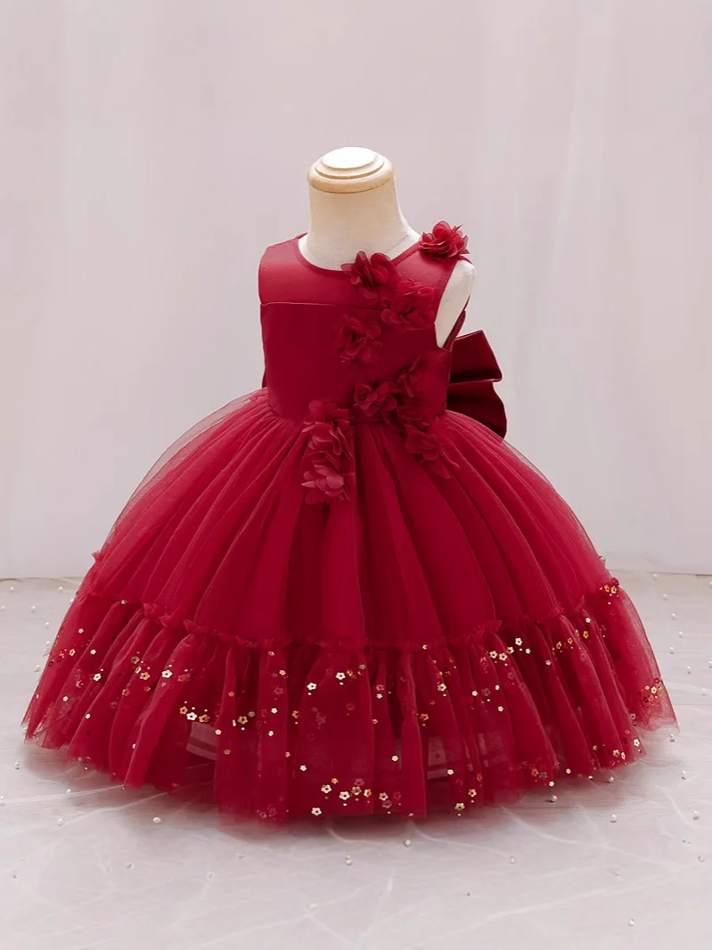 Baby Dress New Style Birthday Party Wedding Flower Girl Evening Dress Elegant Sequin Rose Flower Girl Princess Dress