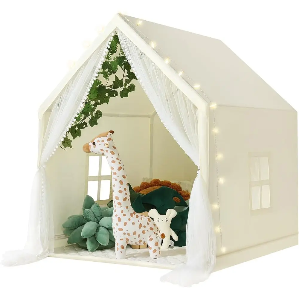 Barraca infantil com tapete, luzes estreladas, barracas de brincar infantis para crianças, barracas internas para brincar, barraca de princesa para meninas, bege com malha