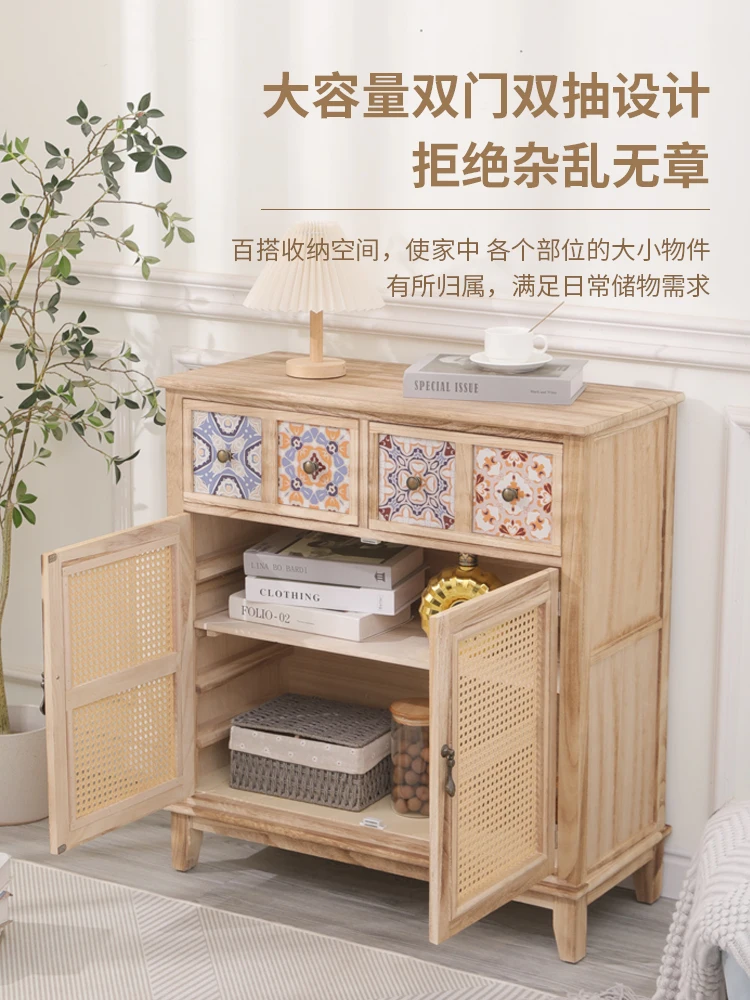 Chinese-style solid wood rattan dining side cabinet, living room tea cabinet, log entrance shoe cabinet, modern simple