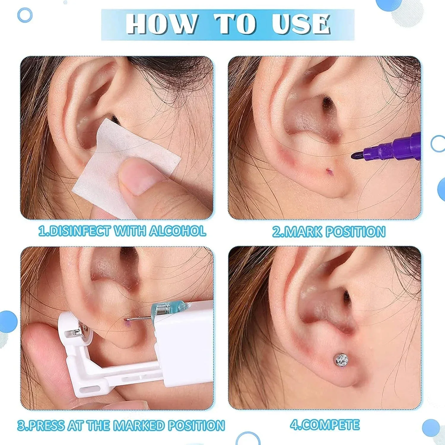 Disposable Home Ear Piercing Gun Kit with Earring Set Sterile Self Piercing Tool Machine for Men Girl Allergy Free Painless Safe