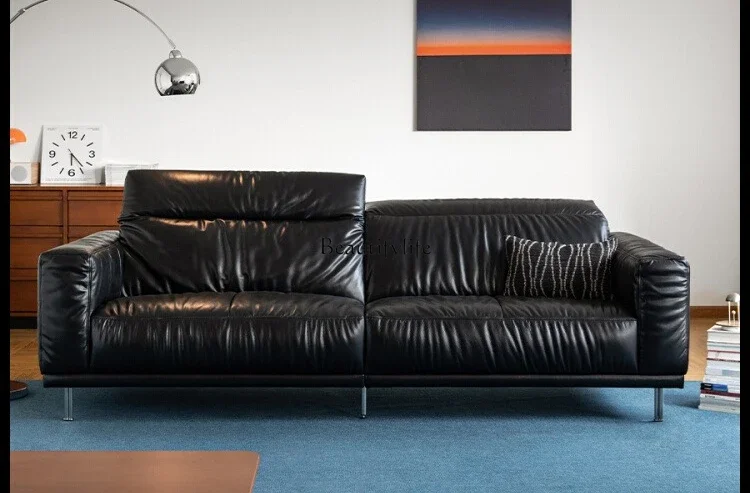 

LObsidian Black Genuine Leather Sofa with Adjustable High Backrest and Headrest, Top Layer Cowhide Oil Wax
