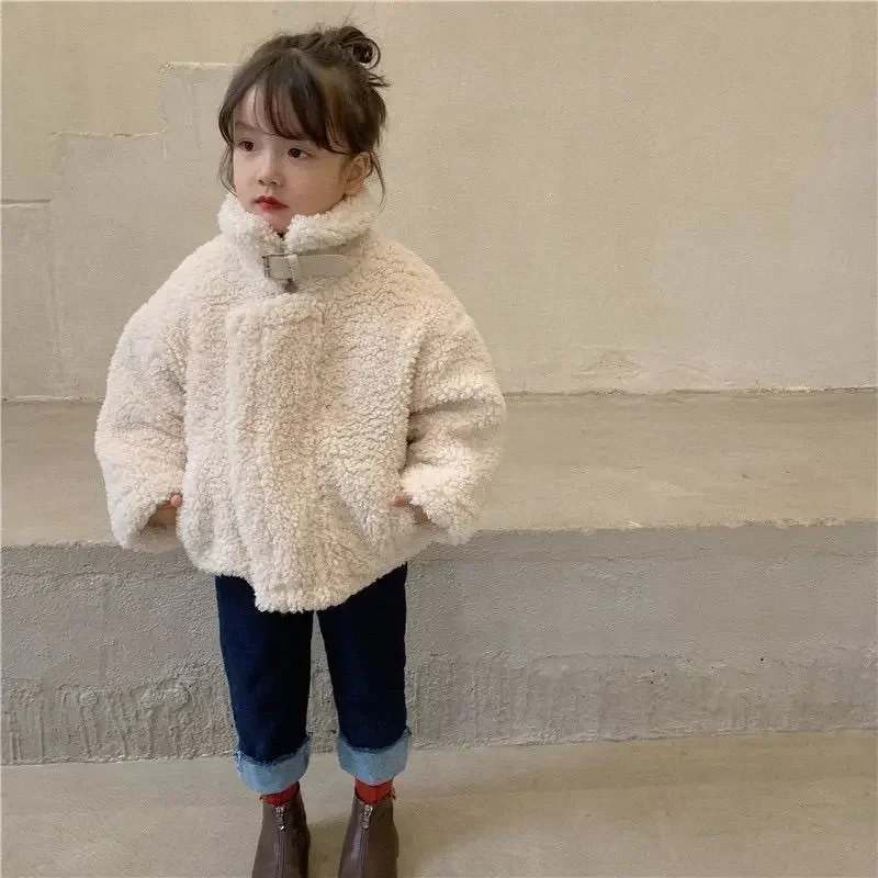

Girls lamb fur coat 18M-6Y children's autumn and winter thickened velvet turtleneck warm clothing baby fur top
