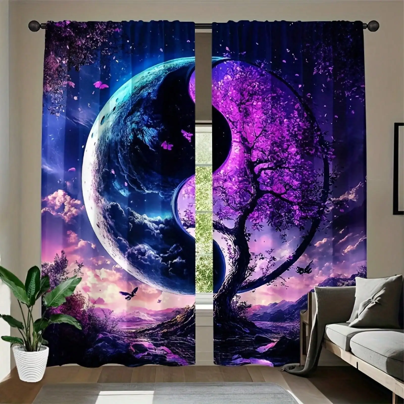 2pcs Deep Purple And Blue Yin-Yang Patterns And Tree Of Life Curtains High Contrast Digital Art Style, Light-Filtering