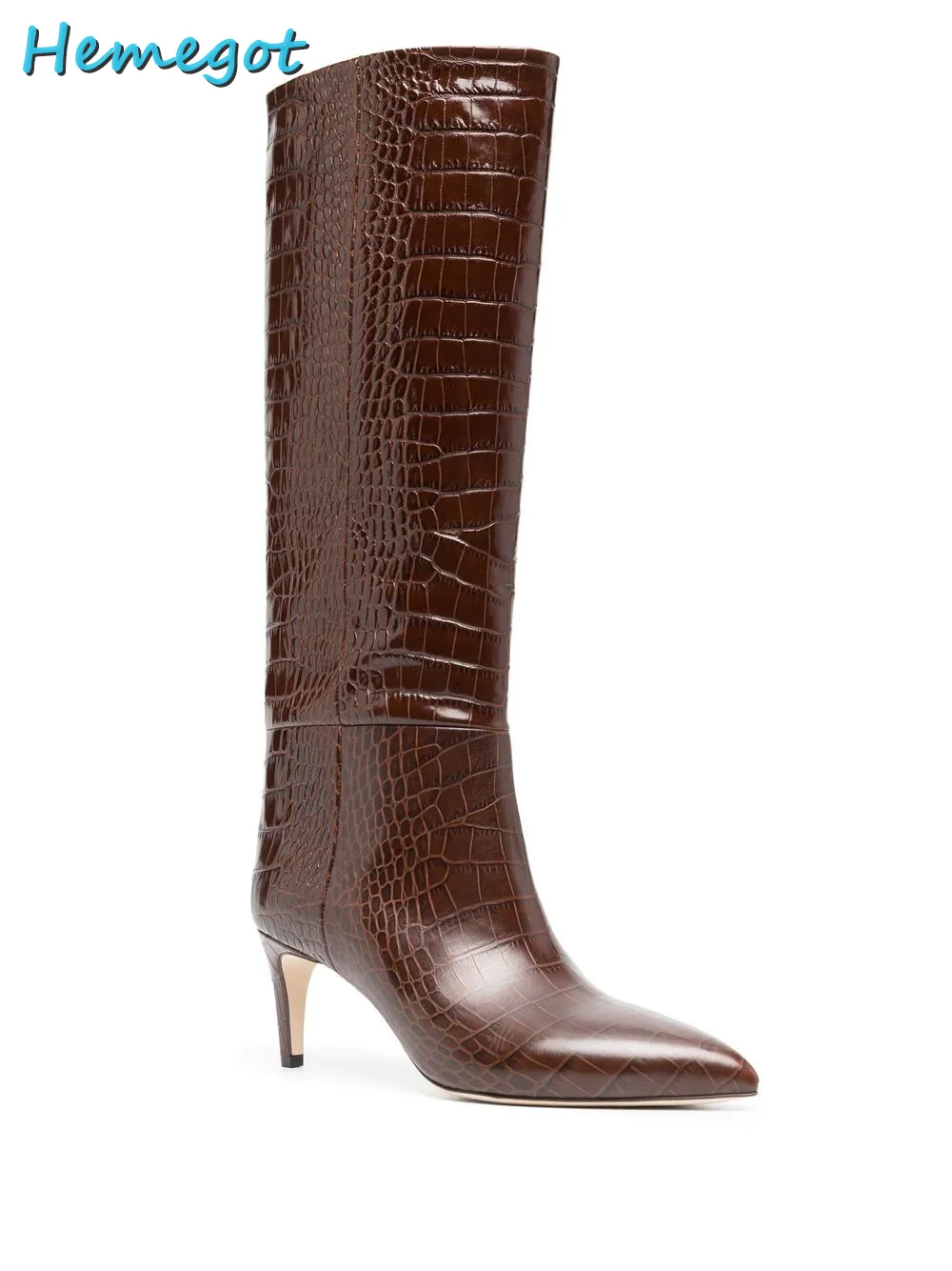 

Pointed Toe Croc Print Knee High Boots Stiletto Mid Heel Chocolate Brown Solid Leather Women Shoes Autumn Winter Fashion Newest