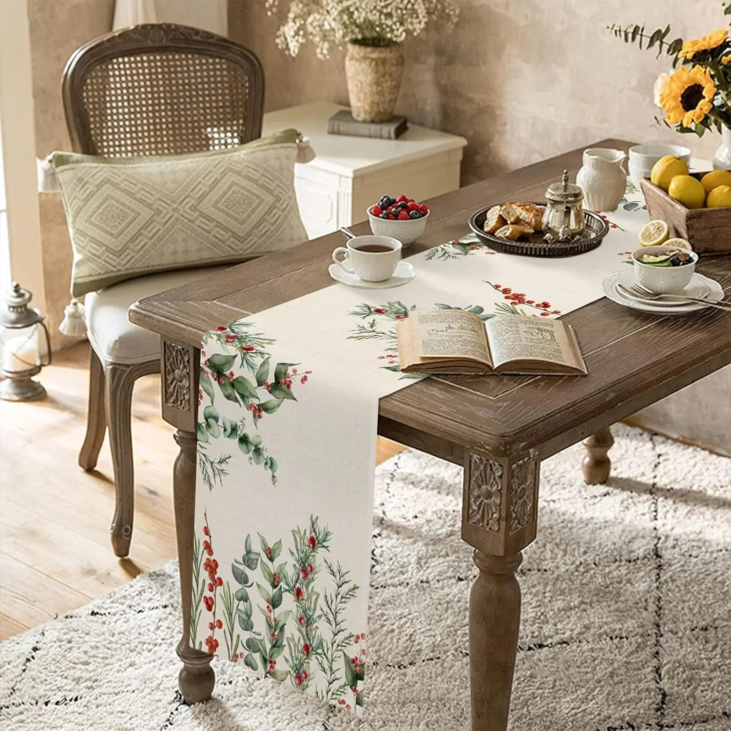 Berry & Eucalyptus Leaves Linen Table Runner, Christmas Holiday Dining Table Runner Decor