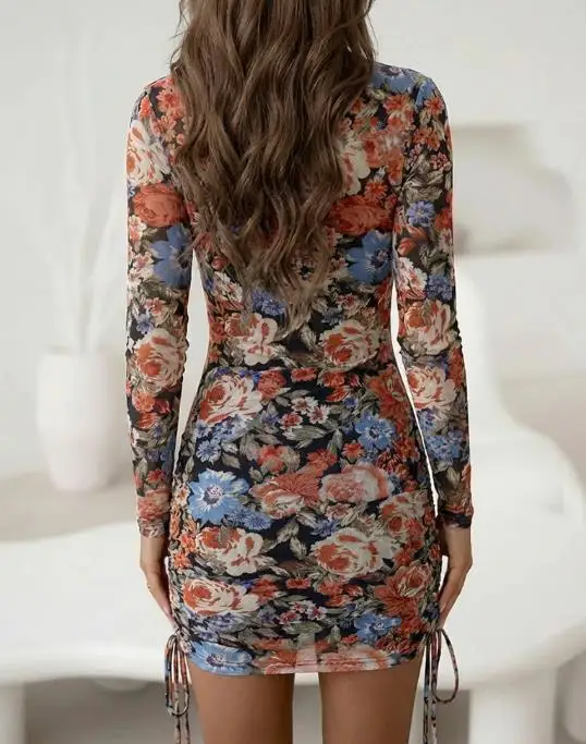 レディースドレス新しいヴィンテージ花柄プリント長袖サイドドローストリングボディコンドレスエレガントなジッパーバックシアーメッシュ休暇ドレス