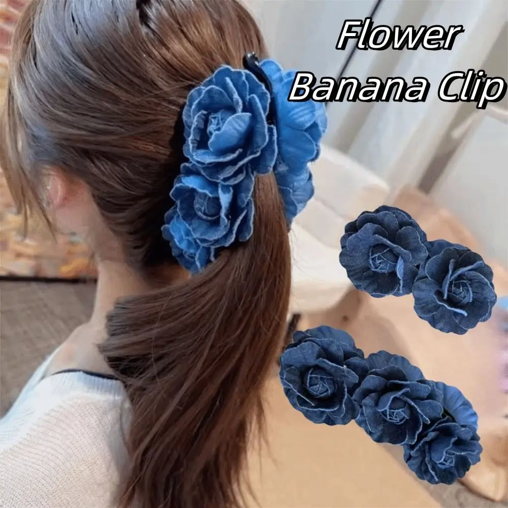 

Sweet Denim Blue Flower Banana Clips Camellia Korean Style Women Vertical Clip Cloth Plastic Floral Twisted Hair Clip Work