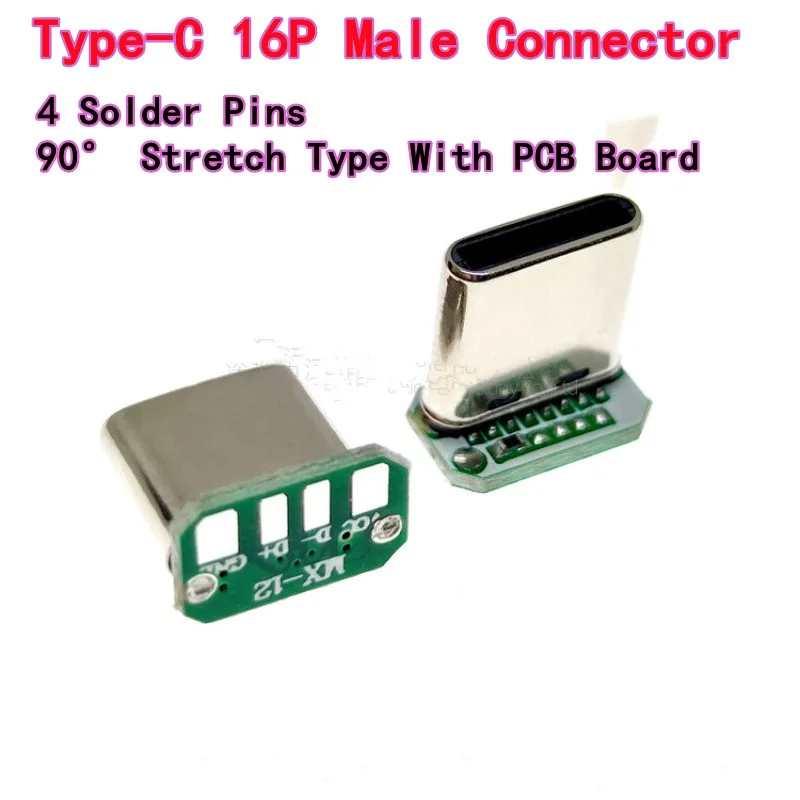 10-50pcs-16p-conector-usb-c-macho-90-°-conector-tipo-stretch-com-placa-pcb-e-4-pinos-de-solda-para-carregamento-e-transmissao-de-dados-tipo-c