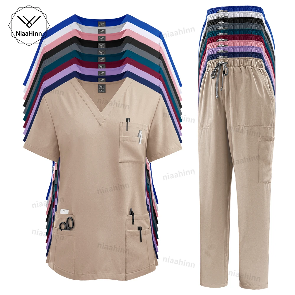 Multicolor Scrubs Uniform Women Short Sleeve Tops+Pants Scrub Set Nursing Uniform Pet Shop Doctor Scrub Medical Surgery Workwear