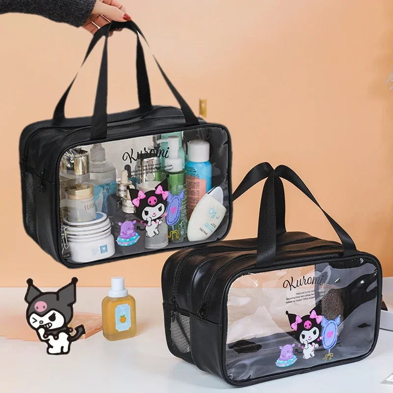 Sanrios Kuromi PVC Makeup Bag Mymelody Cinnamoroll  Transparent Double Layer Kawaii Cartoon Toiletry Bandbag Wet Dry Separation