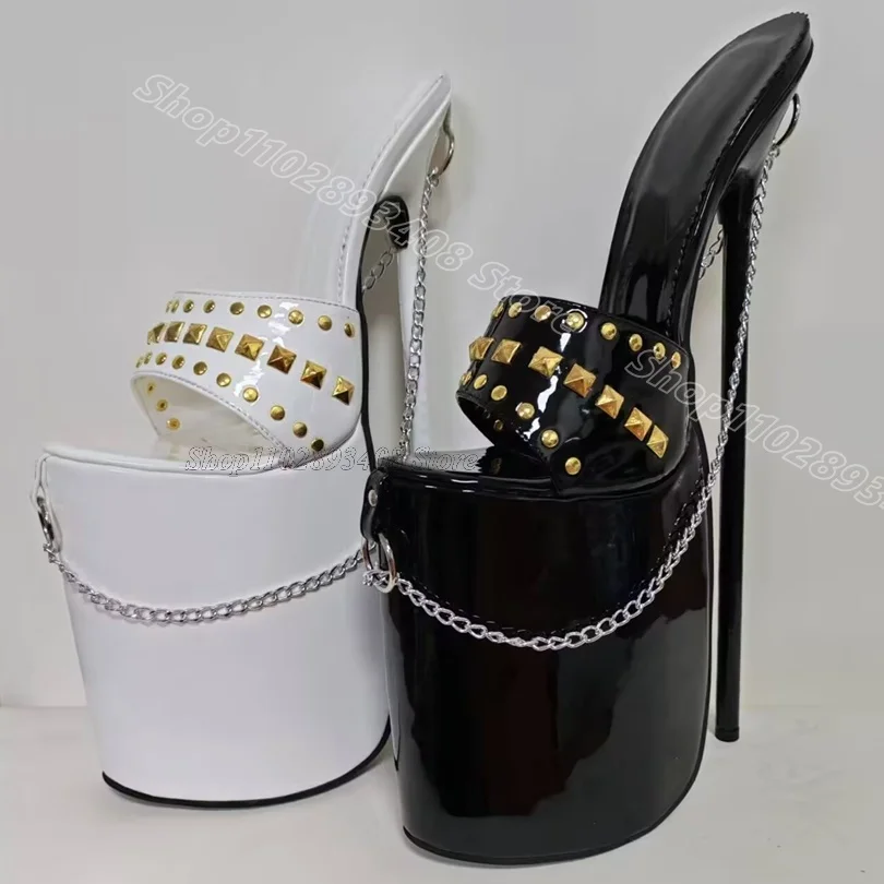 

White Chain Rivet Decor Slippers Open Toe Solid British Style Summer Party Stiletto Fashion Women Shoes 2025 Zapatos Para Mujere