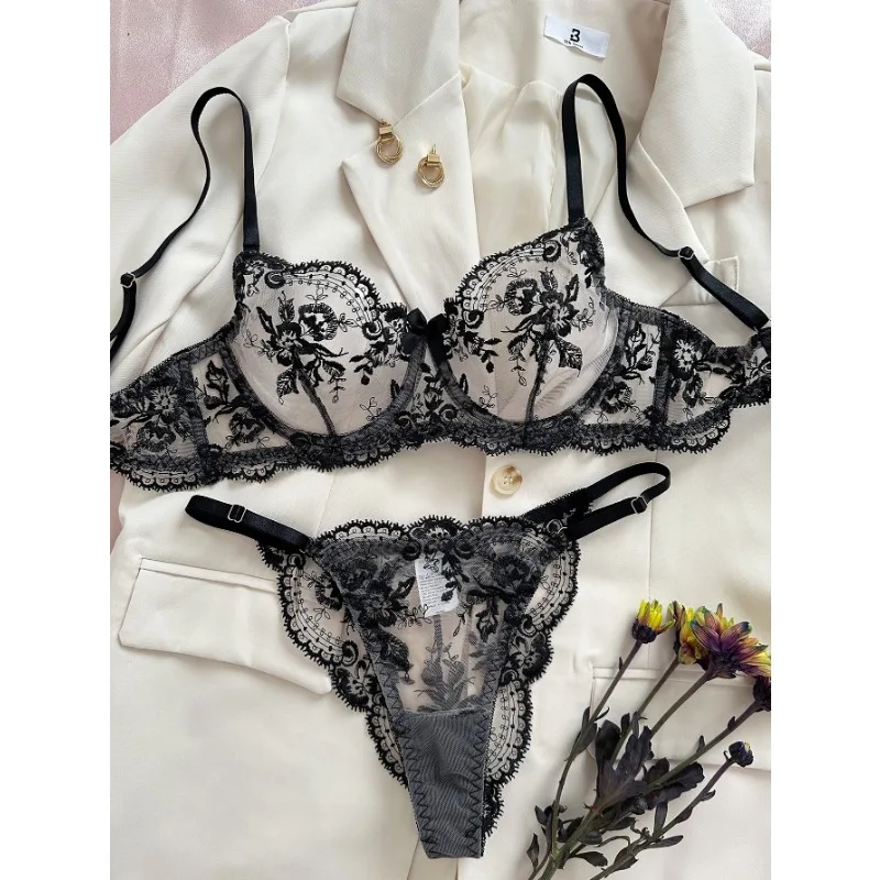 Lingerie sexy conjunto com bordado de flores, perspectiva malha, confortável, simples e generoso, traje sexy, venda quente