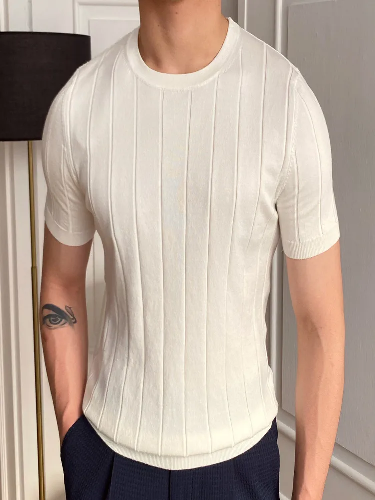 2024 O-Neck Stretched Men's Tee Shirt Simple Solid Color Stripe Slim Knitted T Homme Streetwear Fashion Casual T-