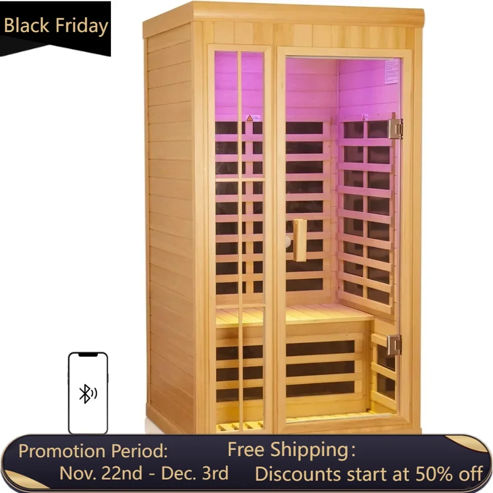 1 to 2 Person Infrared Sauna, Hemlock Wood Low EMF FAR Infrared Sauna for Home, 1,350watt, Indoor Saunas with Bluetooth, LCD