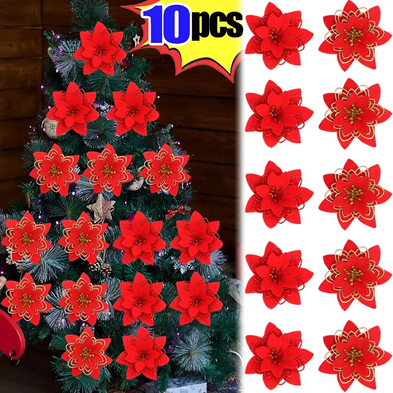 1/10PCS Christmas Flower Red Glitter Powder Flower Heads For Noel Home Tree Ornaments Navidad Party Table Setting Decor Supplies