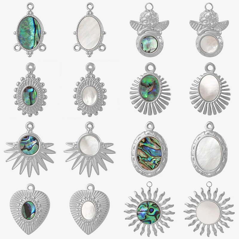 4pcs No Fade Metal Stainless Steel Charm Real Natural Abalone/White Shell Angel Sun Connector Charms For Jewelry Making Supplies