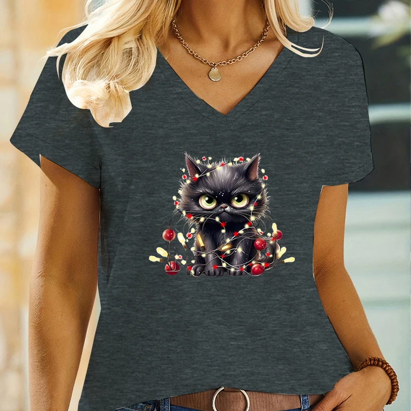 Black Christmas Angry Cat Design T Shirts Womens Short Sleeve Shirt Funny Cute Kitten V Neck Tshirt Woman Fashion Animal Tshirt