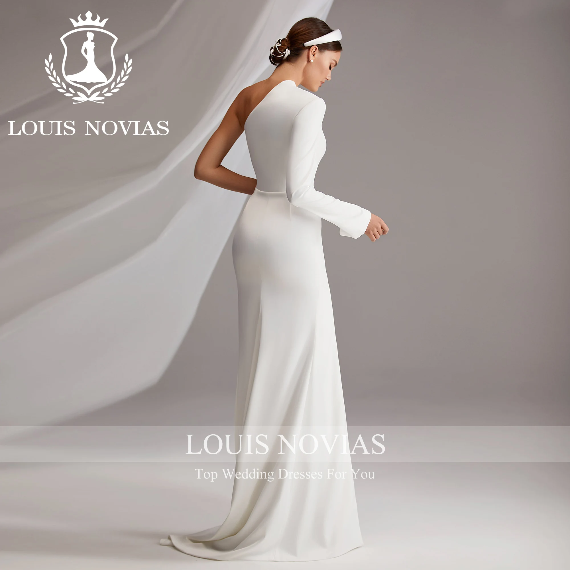 LOUIS NOVIAS Mermaid Long Sleeve Wedding Dress High Quality One Shoulder Thigh Split Zipper Wedding Gown Vestidos De Novia