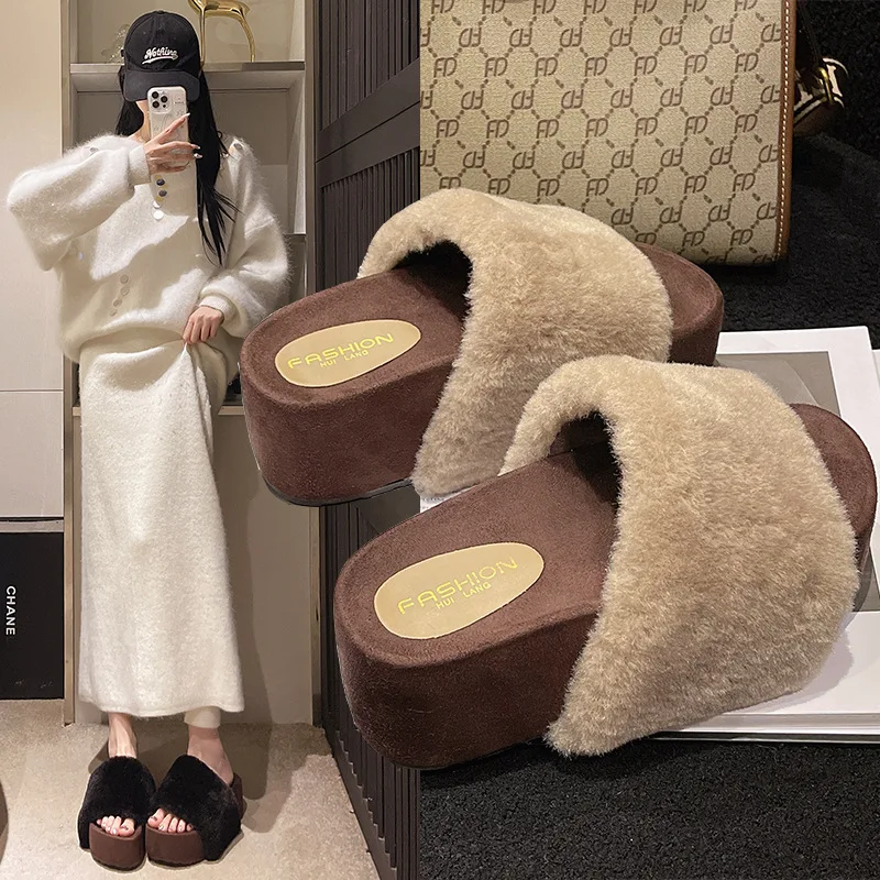 

Autumn Winter New Women's 7CM Platform Fur Slides Fashion One-Strap High Heel Warm Slippers For Outdoor