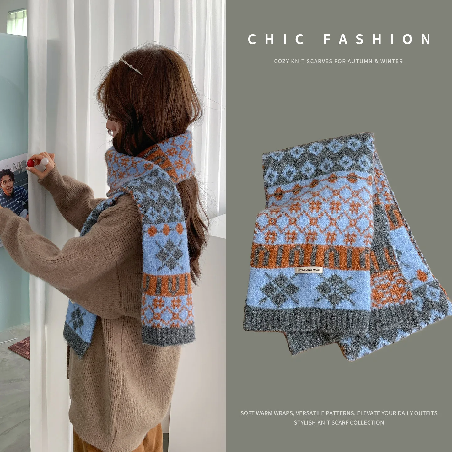 Vintage Fair Island Knitted Scarf Women's Winter Thickened Warm Soft Waxy Imitation Wool Scarf Korean Versatile Student In