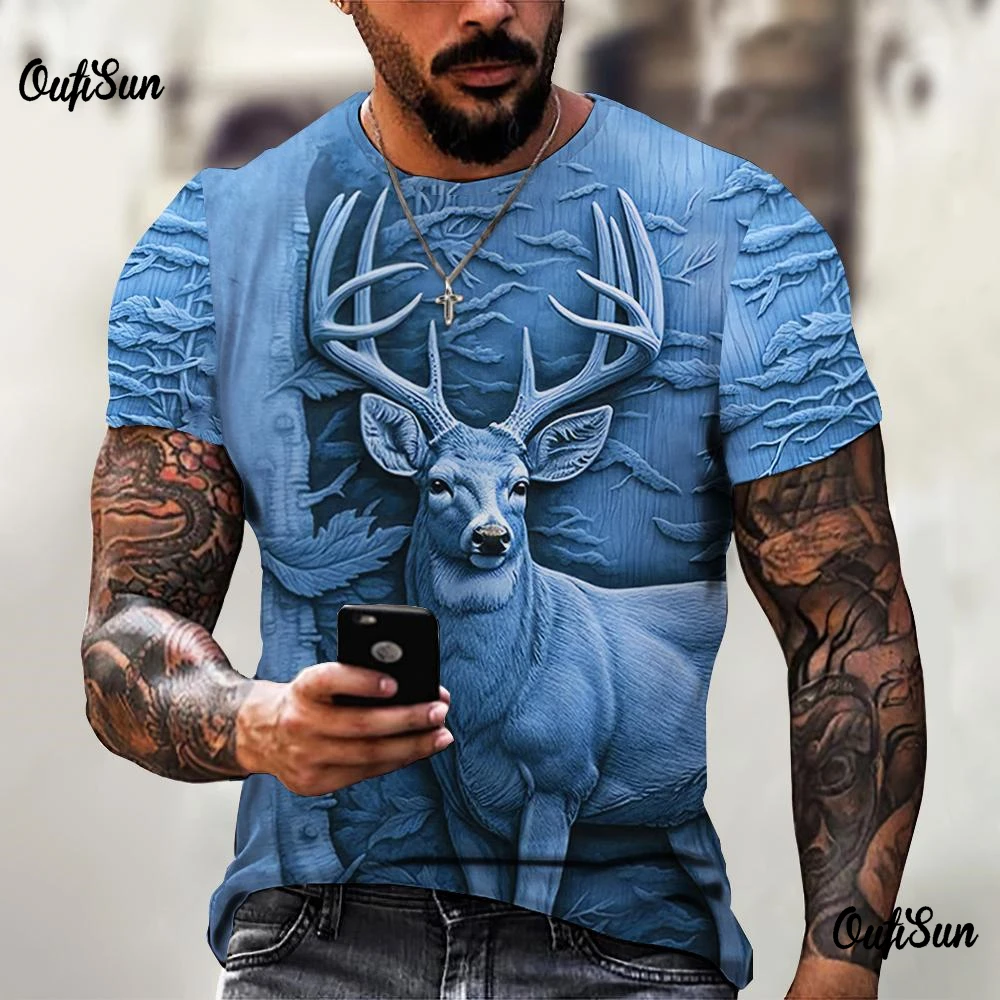 Vintage Men's T Shirt Summer Short Sleeve Elk 3D Print Tops Fashion Street Oversized Clothing For Men T-Shirts O-Neck Pullover