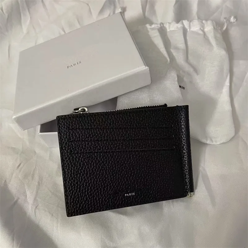 Cowhide Black Card Bag Dollar Clip Design Men's and Women's Minimalist Leather Change Bag Zipper Wallet
