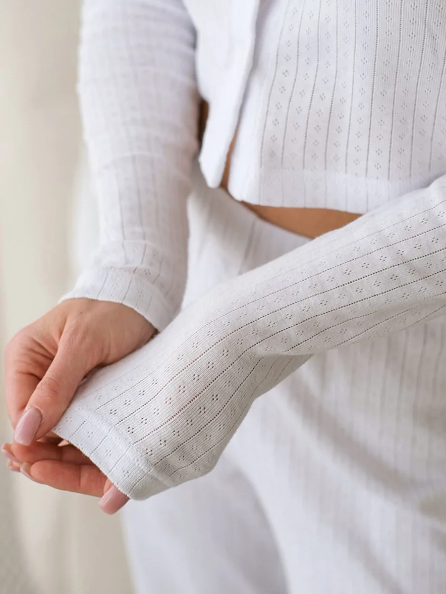 Muzuleva Knitted Hollow Pajamas Set Autumn New Cardigan Long Sleeved Pants Casual Home Wear Women\'s comfortable Sleepwear Suits