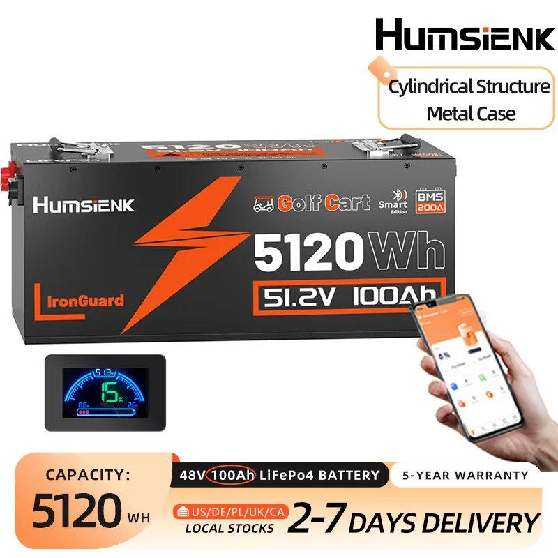 

Humsienk 48V 100Ah LiFePO4 Bluetooth Rechargeable Battery With Cylindrical Structure Metal Case&200A BMS Max 5120Wh For Golf Car