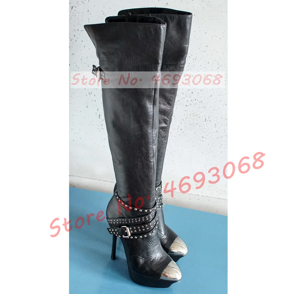 Vintage Metal Toes Platform Overknee Boots Women Round Toe Rivets Belt Buckle Trendy Shoes Sexy Side Zipper High Heel Long Boots