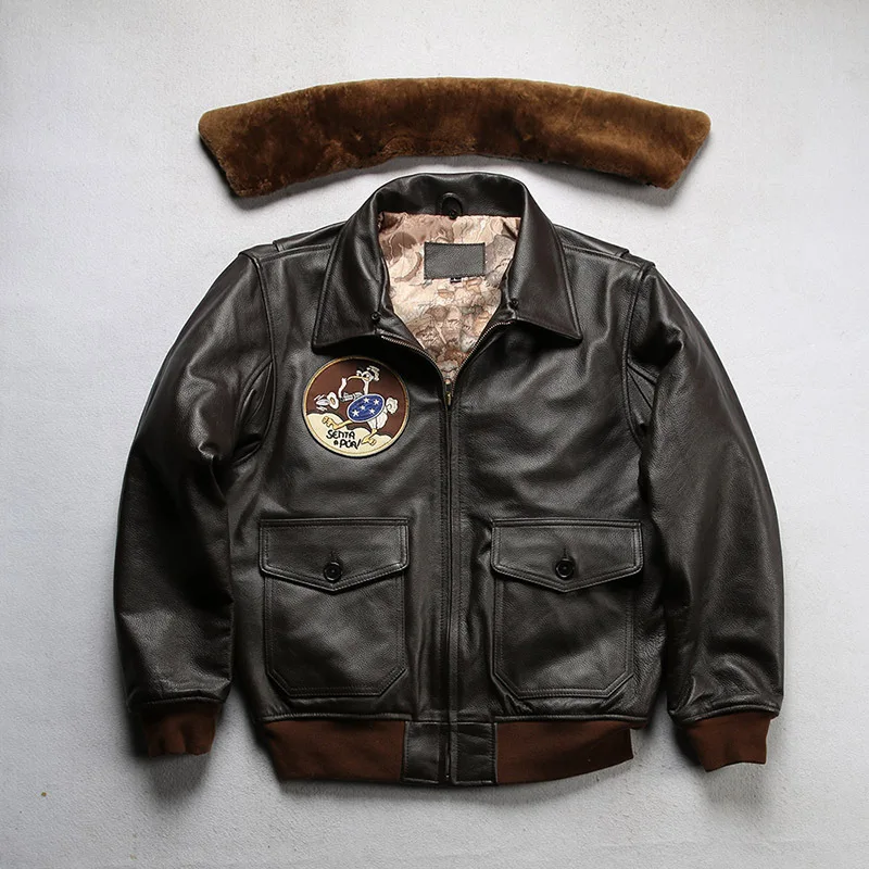 Men\'s Genuine Leather G-1 Flight Jacket Large Size Winter Warm Fur Collar Thick Cowhide Coat