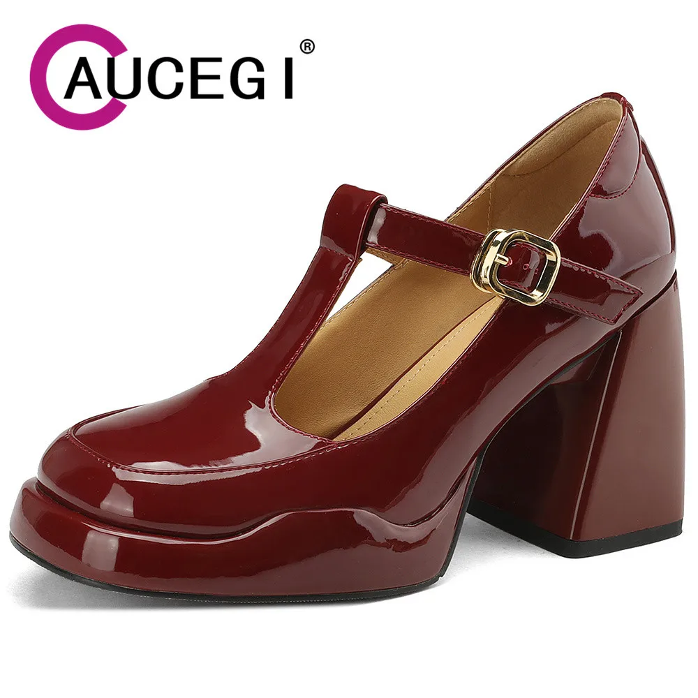 

Aucegi Sheepskin Patent Leather Buckle T-strap Chunky High Heel Mary Jane Pumps Women Round Toe Platform Commuter Retro Shoes