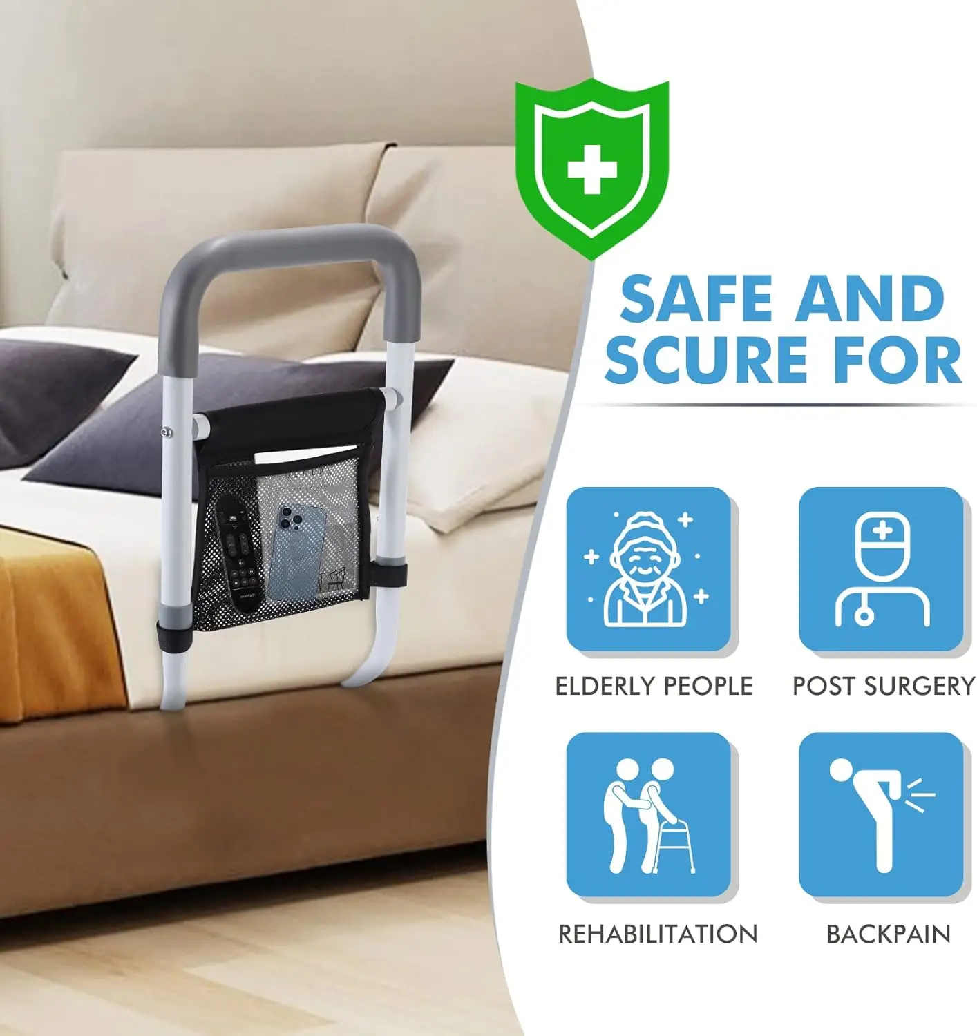 قضبان السرير لكبار السن البالغين، ارتفاع أمان قابل للتعديل، سكة مساعدة للسرير لكبار السن، قضيب إمساك بجانب السرير مع جيب تخزين #5