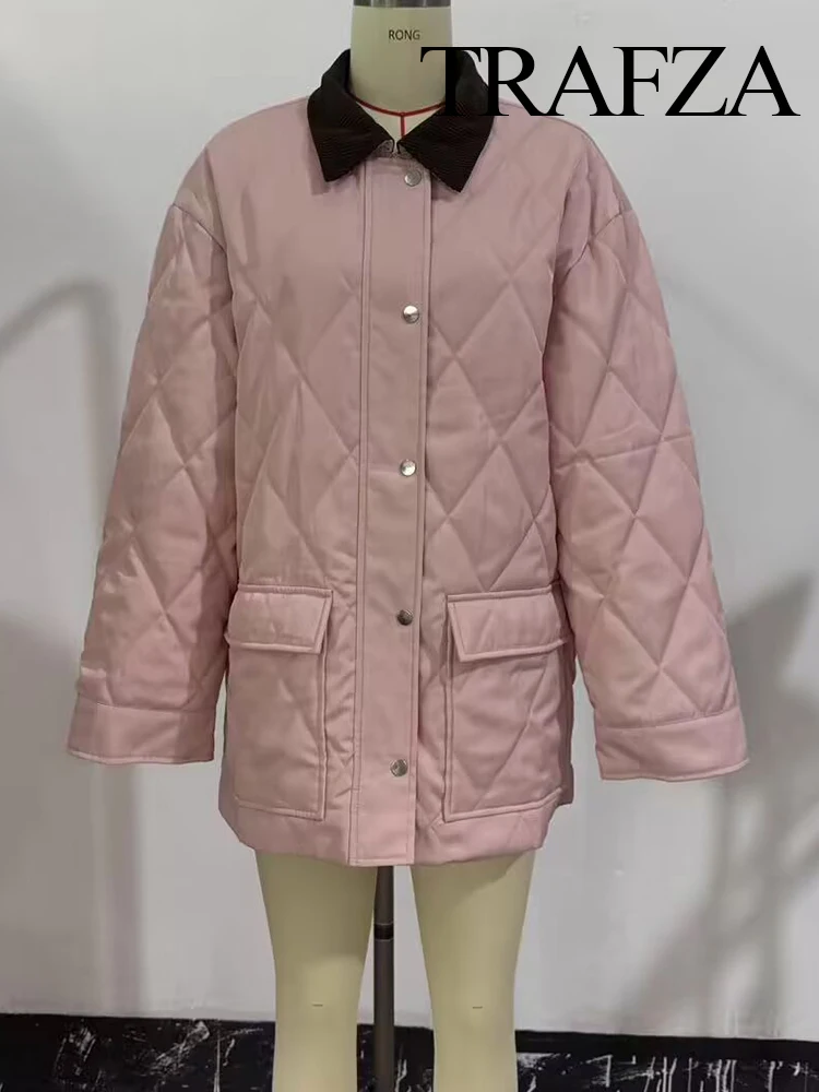 

TRAFZA Women's Autumn Winter High-Dense Thickened Nylon Corduroy Collar Diamond Quilted Jacket Female Zipper Pocket Thermal Coat